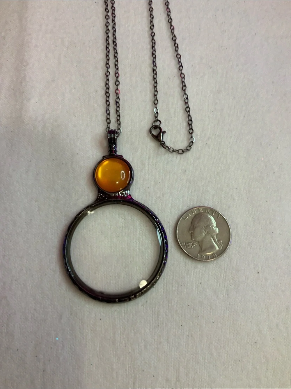 Large Orange and Silver Tone Magnifying Glass 30” Necklace (Z-15)